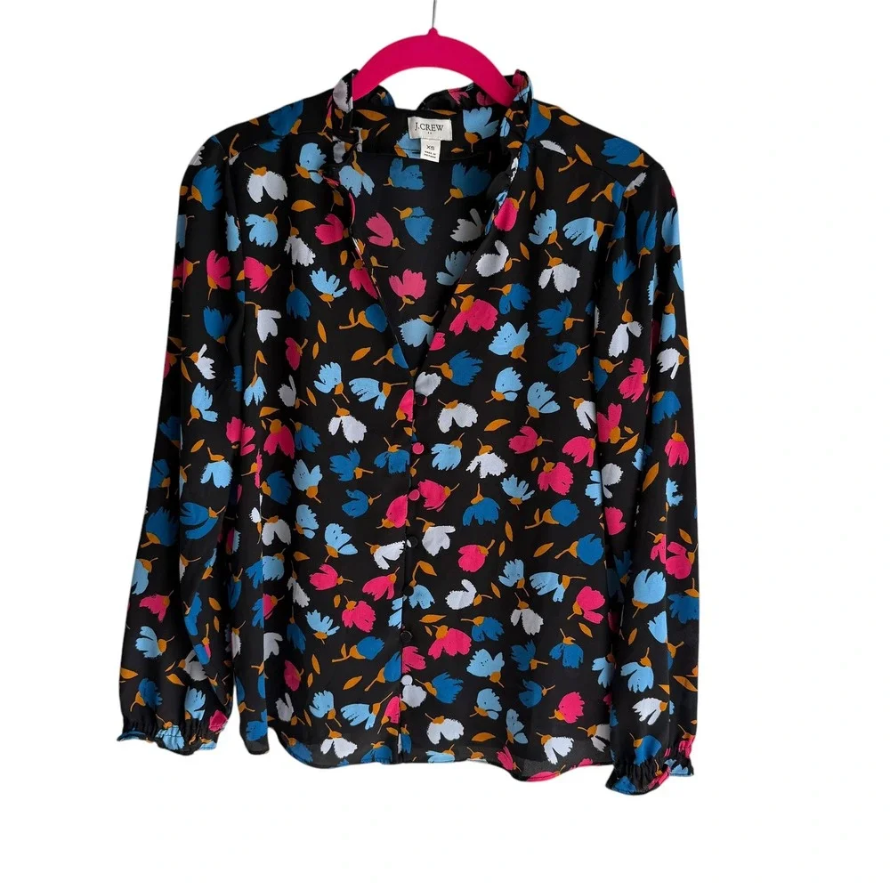 J.CREW Black Multicolor Floral Long Sleeve Ruffled Ladies Blouse, XS